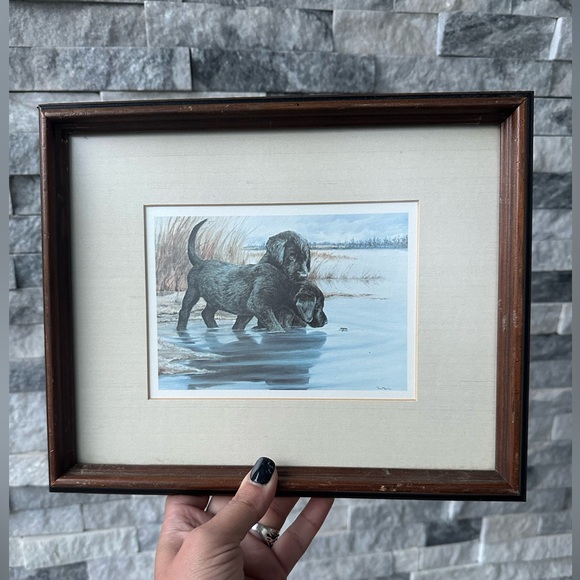 Vintage Tara Moore Lab Pups Framed Print 2 Labrador Puppies and water bug Signed - Picture 10 of 14